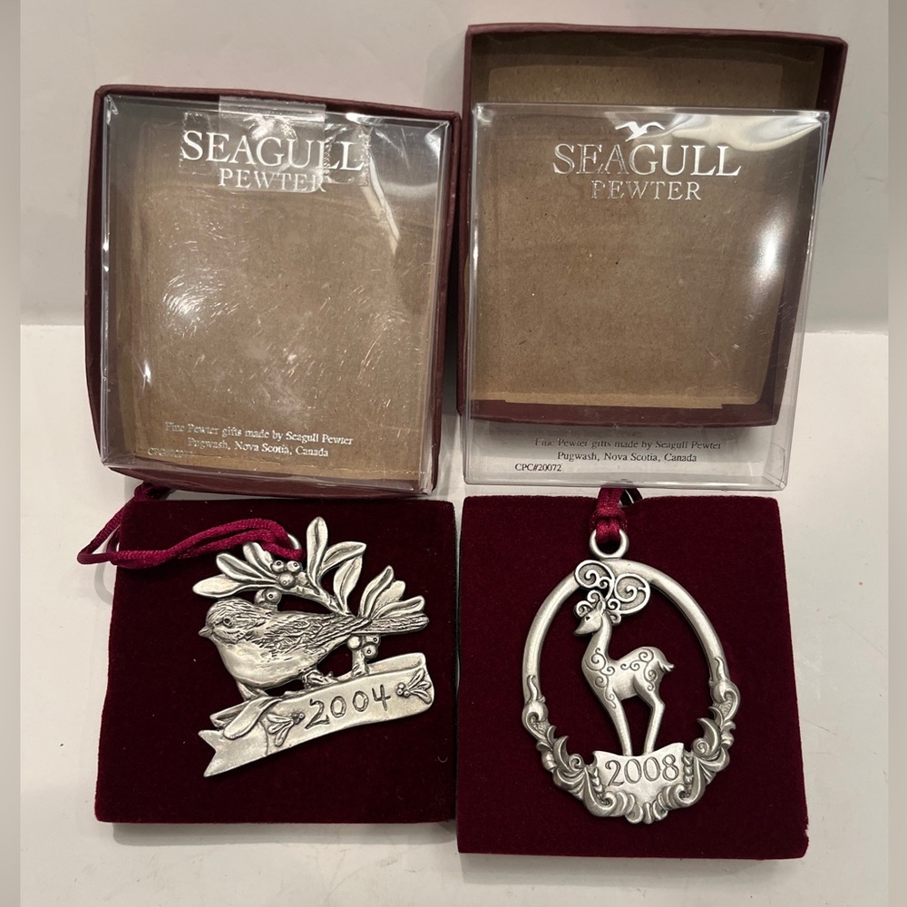 SEAGULL Pewter Canada Christmas Tree Ornaments Bird Deer 2004 2008 Lot Of 2 Box